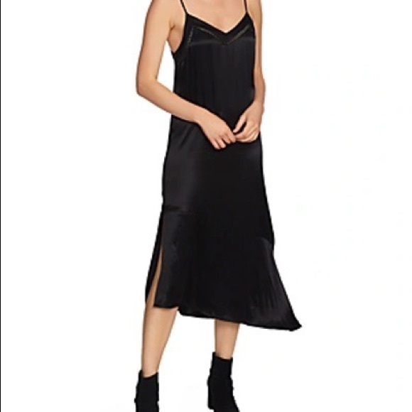 1. State Dresses & Skirts - 1 STATE Black Soft Satin Midi Slipdress with Lace Detailing Thin Straps